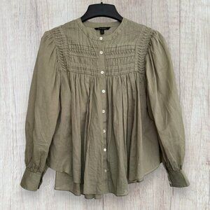 BANANA REPUBLIC Pintuck Swing Top Pleated Semi Sheer Cropped Cotton Blouse Green